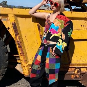 80s 90s jeans leather patchwork jeans 36 x 30, vintage baggy color block jeans